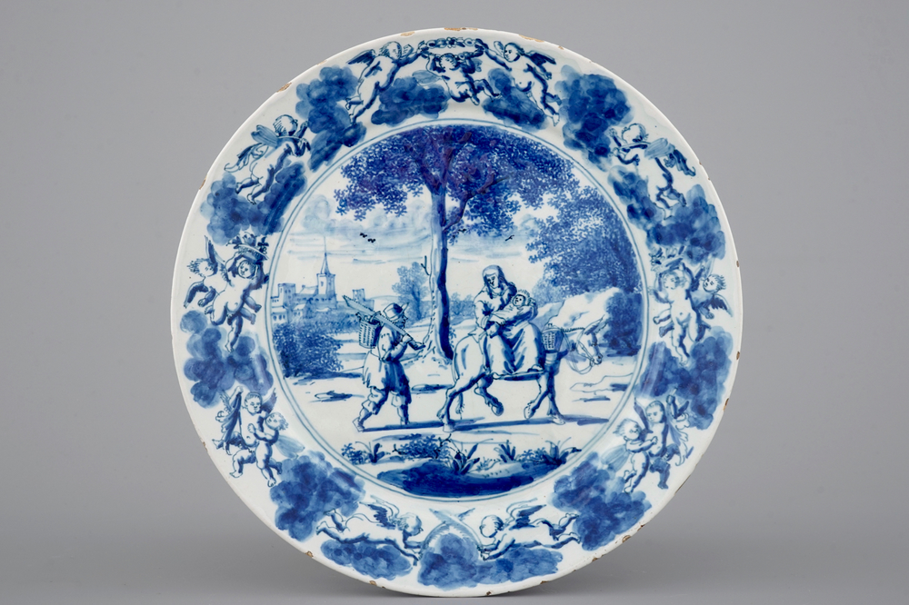 A fine Dutch Delft blue and white plate "The flight into Egypt", 1690-1710